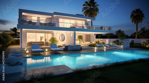 3d rendering of modern cozy house with pool and parking for sale or rent in luxurious style by the sea or ocean. Clear summer evening with cozy light from window. Clear blue sky background generativa  © Victor