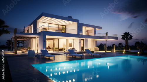 3d rendering of modern cozy house with pool and parking for sale or rent in luxurious style by the sea or ocean at night. Clear summer evening with soft light from window. generativa IA