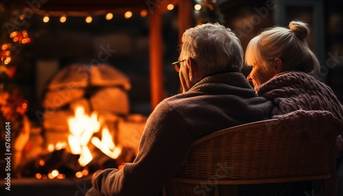 Vista trasera de pareja de ancianos sentada frente a una chimenea photo
