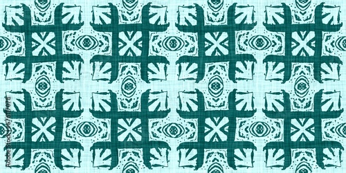Teal green white vibrant watercolor batik azulejos tile border banner background. Seamless aqua coastal blur linen effect geometric mosaic effect.Boho Patchwork nautical masculine summer ribbon trim. 