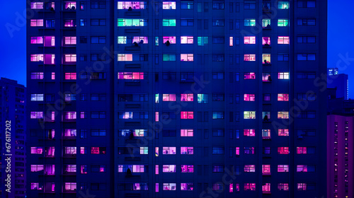 Very tall building with lots of windows lit up in the night time.