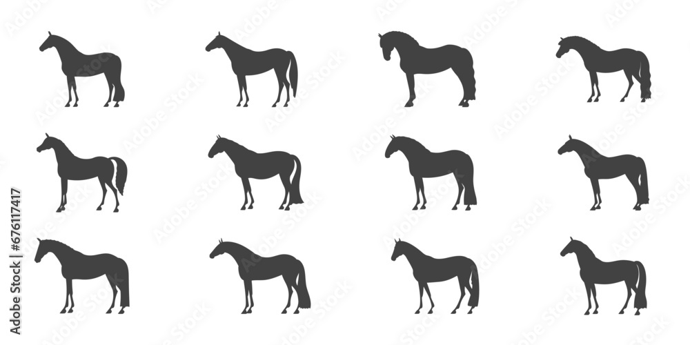 Set of silhouettes of horses of riding breeds of various conformation Set of silhouettes of horses of riding breeds of various conformation