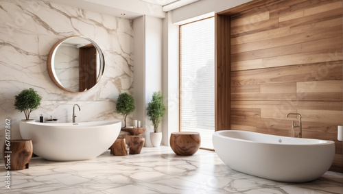 Luxury bathroom with white marble floor and wooden wall photo