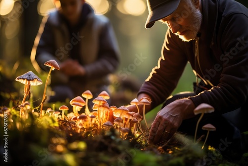 Mushroom Foraging - People foraging for wild mushrooms, emphasizing connection with nature and organic food - AI Generated photo