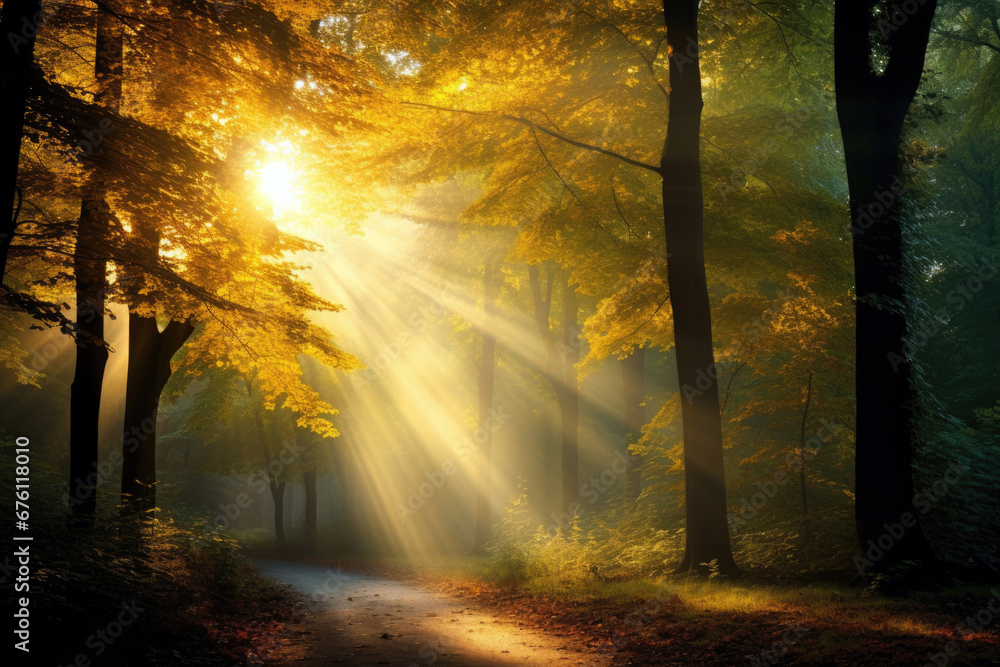 Obraz premium Beautiful autumn landscape with bright sun light and leaves. Sun rise over autumn forest with yellow leaves. Colorful trees in the forest with the rays of sun shining on the leaves