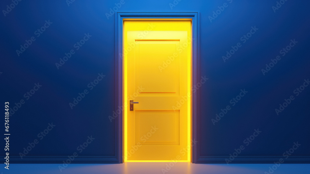 Bright, colorful entrance with yellow light comming from the open door, blue wall, opportunity concept Bright, colorful entrance with yellow light comming from the open door, blue wall, opportunity concept