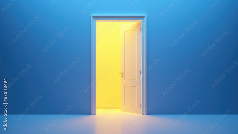 Bright, colorful entrance with yellow light comming from the open door, blue wall, opportunity concept Bright, colorful entrance with yellow light comming from the open door, blue wall, opportunity concept
