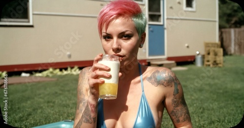 Analog style old portrait of a young girl with colorful hair dirking beer