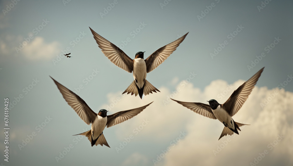 Obraz premium Graceful swallows swooping and diving in synchronized flight - AI Generative