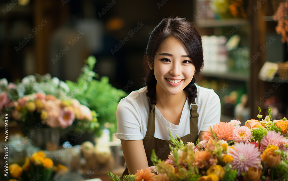 Picture of beautiful asian woman florist while working.