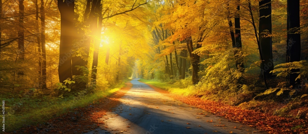 The autumn landscape was a stunning display of nature s beauty with golden sunlight filtering through the colorful leaves of the forest casting a warm glow on the winding road surrounded by
