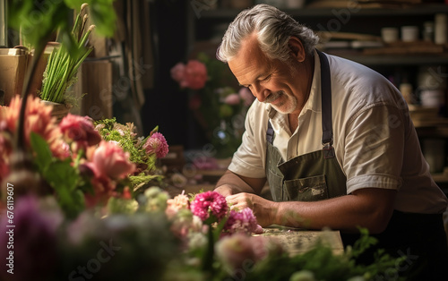 Photo of a nice old florist man while working in flower shop