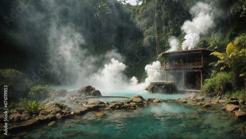 Hidden jungle hot springs with steam rising from the crystal-clear water - AI Generative
