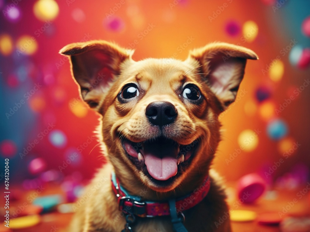 portrait of a happy puppy dog at a colorful background