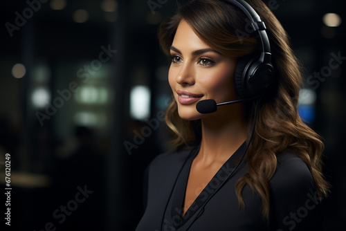 Call-center woman with headset talking on a computer handling incoming and outgoing telephone calls, support, specialized equipment software, agent, customer service information.