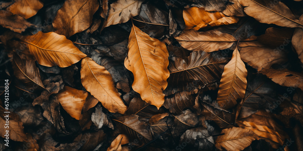 autumn leaves on forest floor, intricate vein patterns, golden brown hues