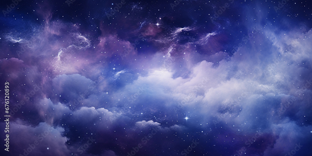 Cosmic nebula-like clouds in deep blues and purples, punctuated by bursts of bright white stars, fantastical, immersive