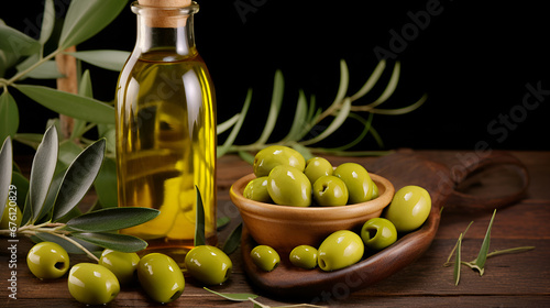 Bottle of olive oil and olives on a wooden table.