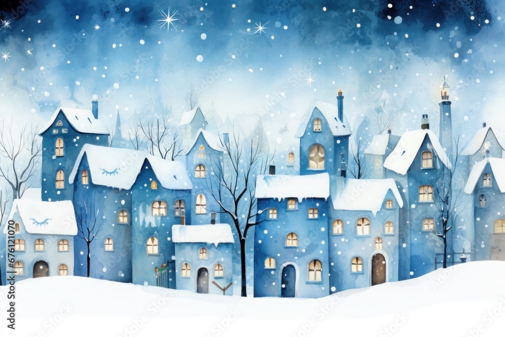 blue winter landscape with houses, seamless pattern, background blue winter landscape with houses, seamless pattern, background