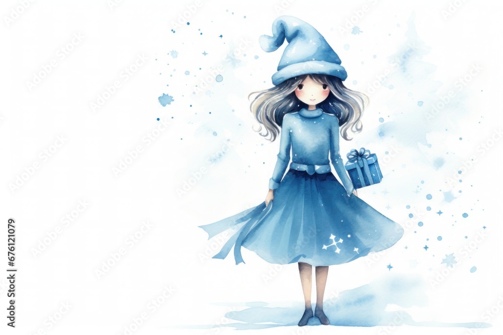 Fototapeta premium Watercolor illustration with little girl in winter clothes with a Christmas gift 