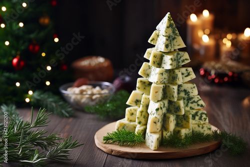 Cheese board on background of fir branches and candles. Cheese appetizers in shape of christmas tree, creative food arrangement for holidays. Christmas tree from cheese on dark background, copy space.