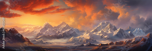 Mountainous terrain, phoenix soaring in the fiery sunset sky, alpenglow on snowy peaks, warm and cold contrast, dramatic clouds