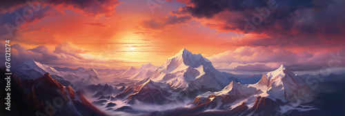 Canvas Print Mountainous terrain, phoenix soaring in the fiery sunset sky, alpenglow on snowy