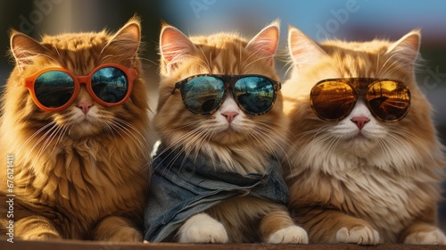 cats portrait with sunglasses, Funny animals in a group together looking at the camera, wearing clothes, having fun together, taking a selfie, An unusual moment full of fun and fashion consciousness.