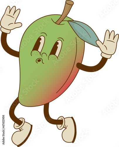 Retro cartoon mango character Vector illustration. Jump fruit mascot in groove style. Nostalgia 70s, 80s.