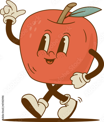 Retro cartoon apple mascot in groove style. Cute fruit character vector illustration. Nostalgia 60s, 70s, 80s