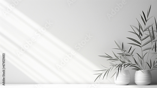 Blurred shadow from leaves plants on the white wall. Minimal background. AI Generative