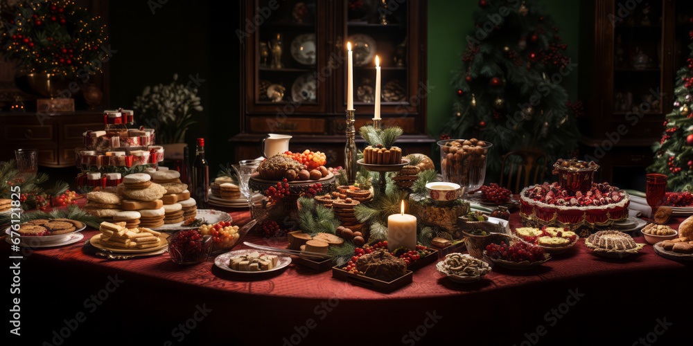 Bright and abundant Christmas table with candles and golden ornaments. With copyspace.