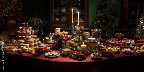 Bright and abundant Christmas table with candles and golden ornaments. With copyspace.
