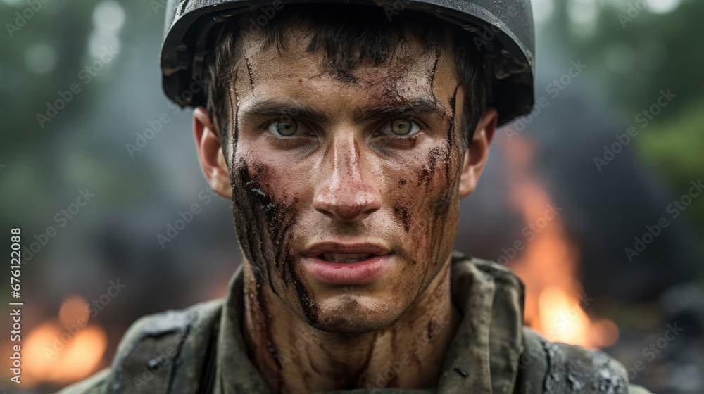 Shell shocked soldier, post traumatic stress disorder concept Shell shocked soldier, post traumatic stress disorder concept