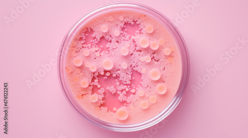 Petri dish with bacterial culture on pink background