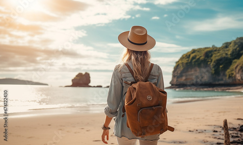 woman traveller blogger in back view photo