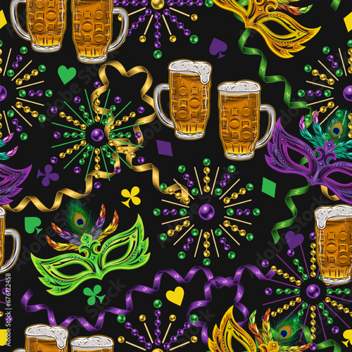 Seamless Mardi Gras pattern with full glass of beer, beads, masks, trinket, card suit signs. Festive holiday design. Vintage illustration for prints, clothing, surface design. Not AI