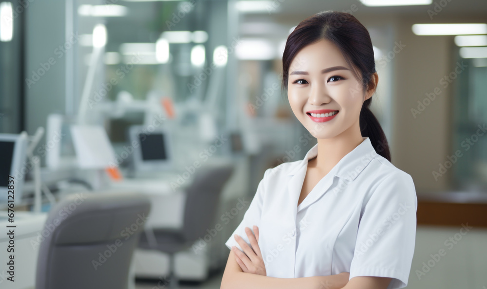 young asian nurse isolated in clinic background young asian nurse isolated in clinic background
