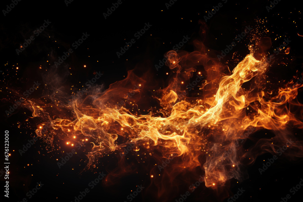 Fire flame and sparks isolated on black background, abstract burning pattern at night. Concept of texture, nature, fireplace, smoke and design