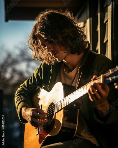 Young man sitting playing his guitar