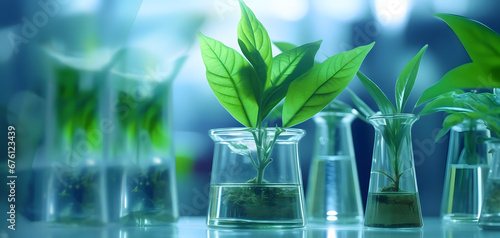 small and isolated plant growing in glasses when sunlight streams through the plant-growing lab, illuminating rows of verdant plants alongside gleaming laboratory equipment