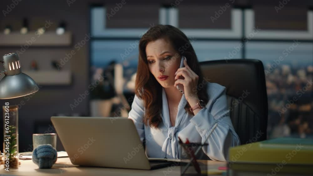Office worker staying late discussing at night cabinet. Business woman calling Office worker staying late discussing at night cabinet. Business woman calling