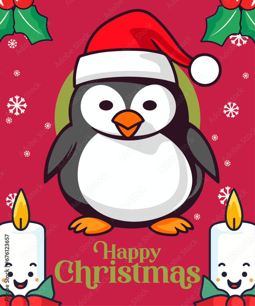 Winter Holiday Party for Kids: Delightful Penguin with Santa Hat Vector