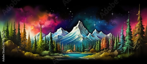 The abstract artwork featured a stunning landscape with a white mountain peak lush green grass and a forest of tall trees all set against a black background showcasing the vibrant colors of © TheWaterMeloonProjec