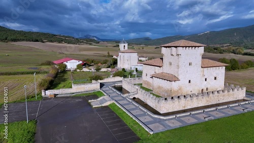 Aerial view from a drone of the Varona Palace Tower in the town of Villañañe. Valdegovia Valley. Alava. Basque Country. Spain. Europe photo