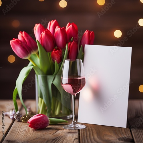 mockup white paper with tulip and wine on the table