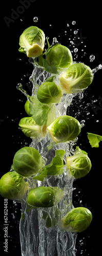 This tall photo captures the graceful freefall of brussel sprouts and water, their succulent forms suspended in midair, on a black background showcasing the dynamic beauty of nature's bounty