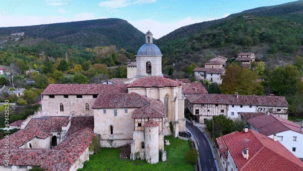 Collegiate church and landscape around the town of Valpuesta. Valdegovia Valley. Burgos - Alava. Basque Country and Castilla-Leon. Spain. Europe Collegiate church and landscape around the town of Valpuesta. Valdegovia Valley. Burgos - Alava. Basque Country and Castilla-Leon. Spain. Europe