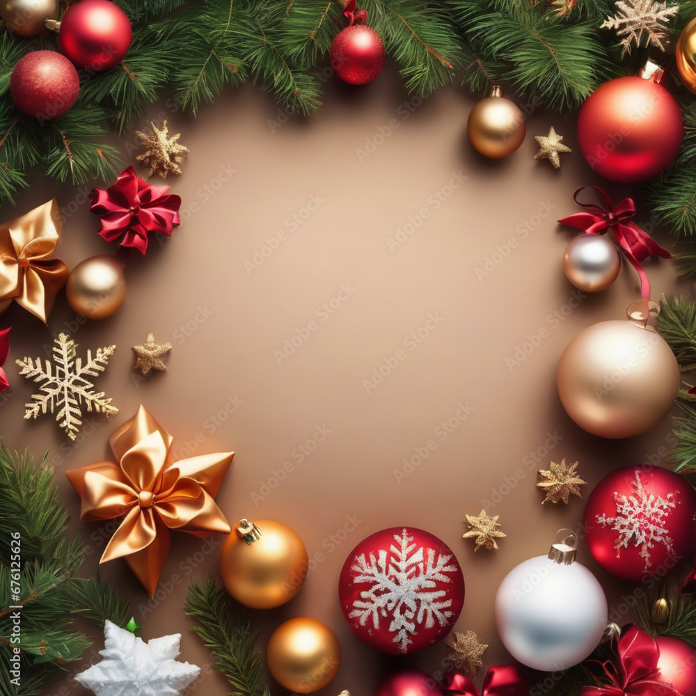 christmas background with branches and balls, Christimas decoration, xmas, candles, realistic, balls, snow, neve, tree, blank space, write, leaves, tree lights, árvore natal, beautiful, Generative AI