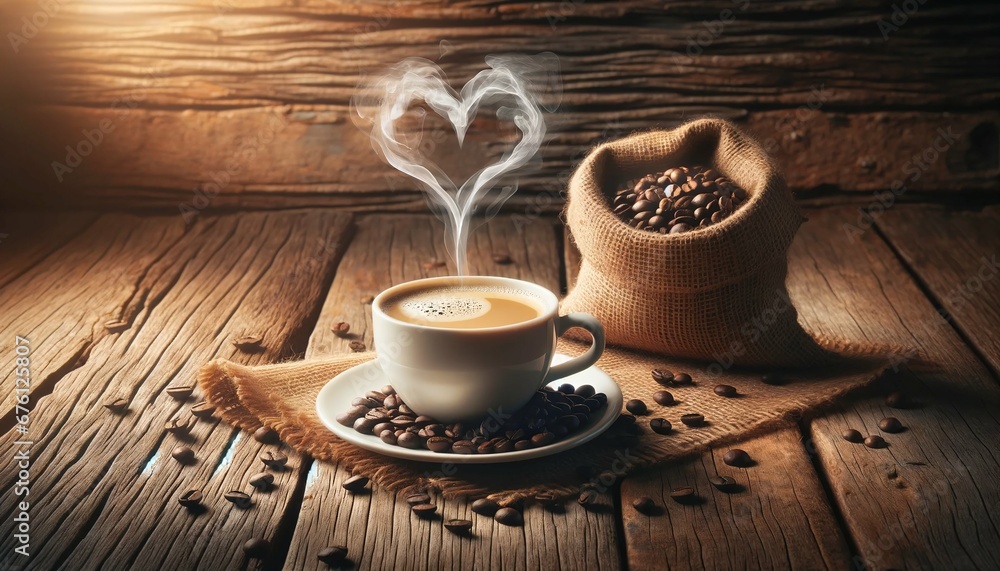 Romantic cup of coffee with heart shape smoke and coffee beans on burlap sack on old wooden background Romantic cup of coffee with heart shape smoke and coffee beans on burlap sack on old wooden background